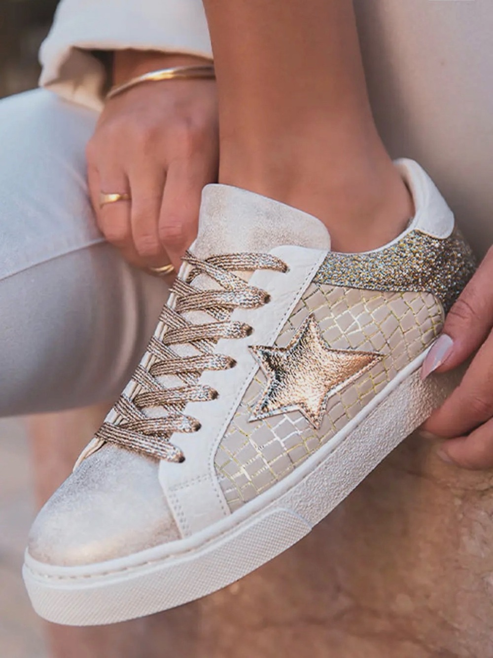 Women's Golden Goose Dupe Cream Sneakers with Metallic Gold Star Accent
